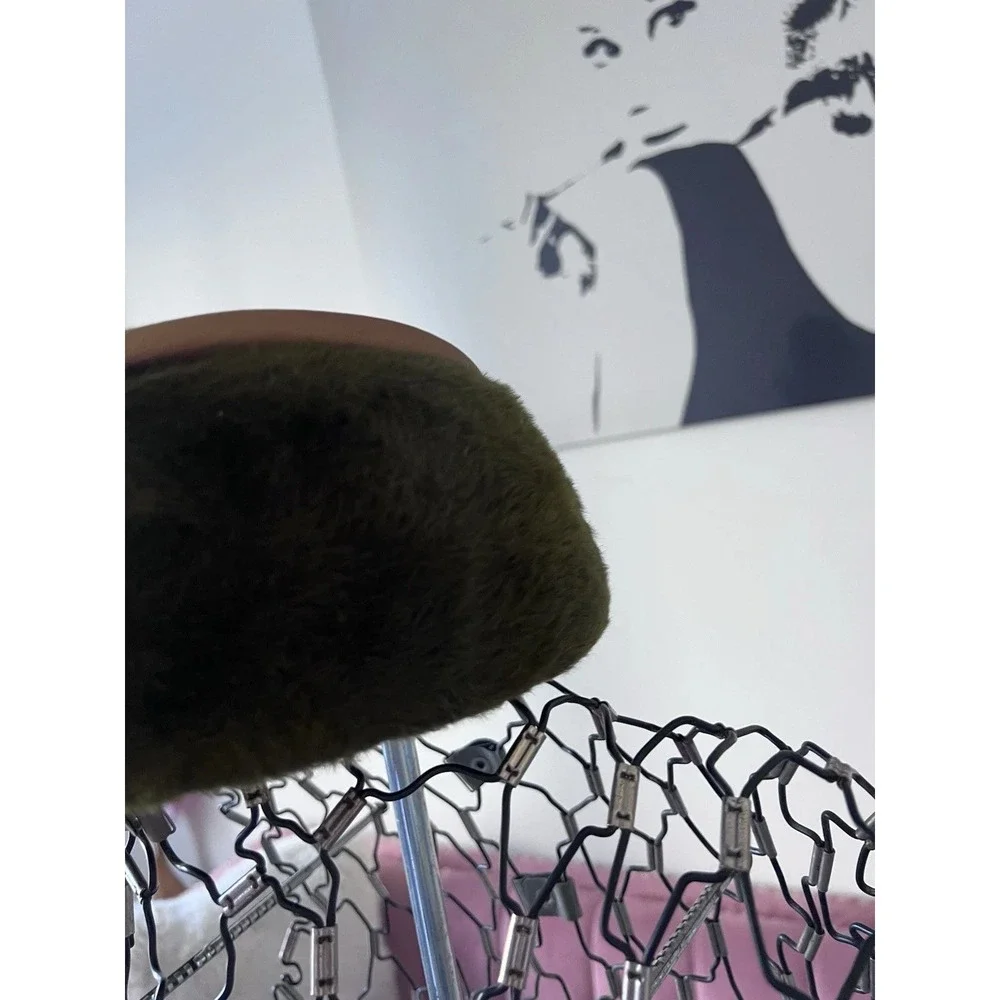 Vintage‎ Miss Gwenn Jr Olive Green Faux Fur Pillbox Hat Satin Bow 1960s Retro 22